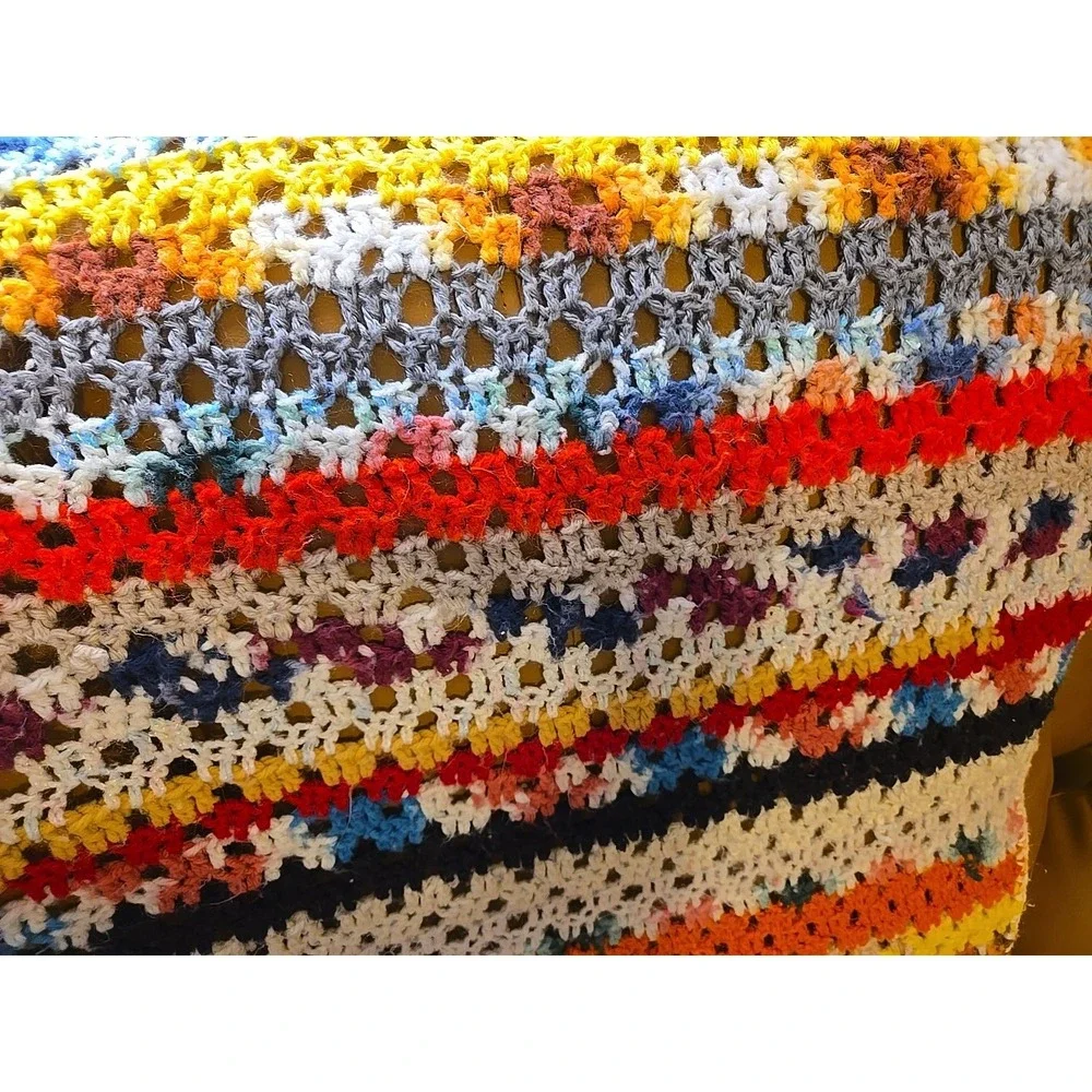 Vtg Crochet Blanket Throw Handmade Granny Stripe Multicolor Boho 56x47 Afghan